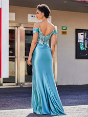 Off the Shoulder Corset Bodice Satin Gown Teal