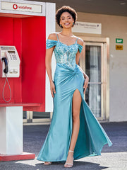 Off the Shoulder Corset Bodice Satin Gown Teal