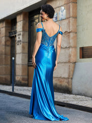 Off the Shoulder Corset Bodice Satin Gown Ocean Blue