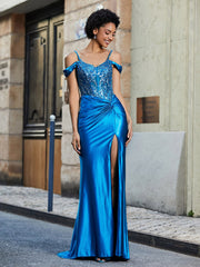 Off the Shoulder Corset Bodice Satin Gown Ocean Blue