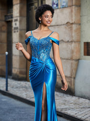 Off the Shoulder Corset Bodice Satin Gown Ocean Blue