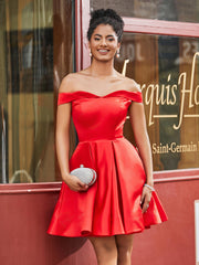 Off Shoulder Satin Homecoming Dress with Pockets Red