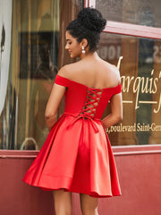 Off Shoulder Satin Homecoming Dress with Pockets Red
