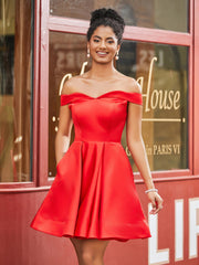 Off Shoulder Satin Homecoming Dress with Pockets Red