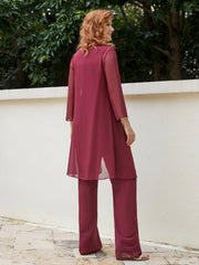 Chic Lace Top Pant Suit with Jacket Burgundy