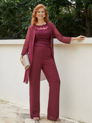 Chic Lace Top Pant Suit with Jacket Burgundy
