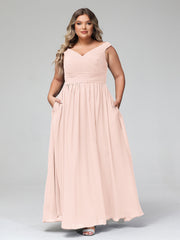 Off shoulder V-neck Maxi Dress with Pockets-Pearl Pink