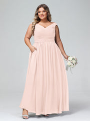 Off shoulder V-neck Maxi Dress with Pockets-Pearl Pink