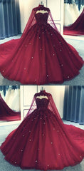 Glam Ball Gown Quinceanera Dress Lace Applique Beaded Cape, Wine Red Formal Dress Party Gowns