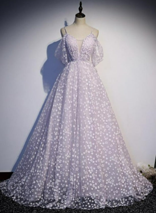 Glam Floral Tulle Off Shoulder Long Party Dress Formal Dress, Tulle Wedding Party Dresses