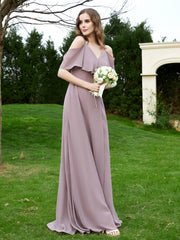 Floor-length V-neck Ruffles Chiffon A-line Dress Dusk