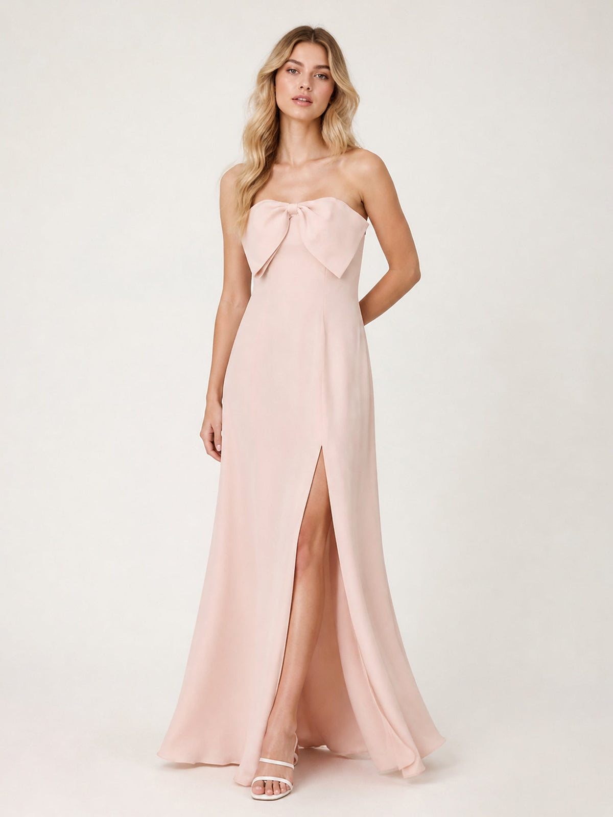 Strapless Chiffon Gown with Oversized Front Bow Detail Pearl Pink