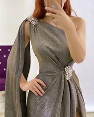 Glitter Mermaid Prom Dresses One Shoulder High Slit