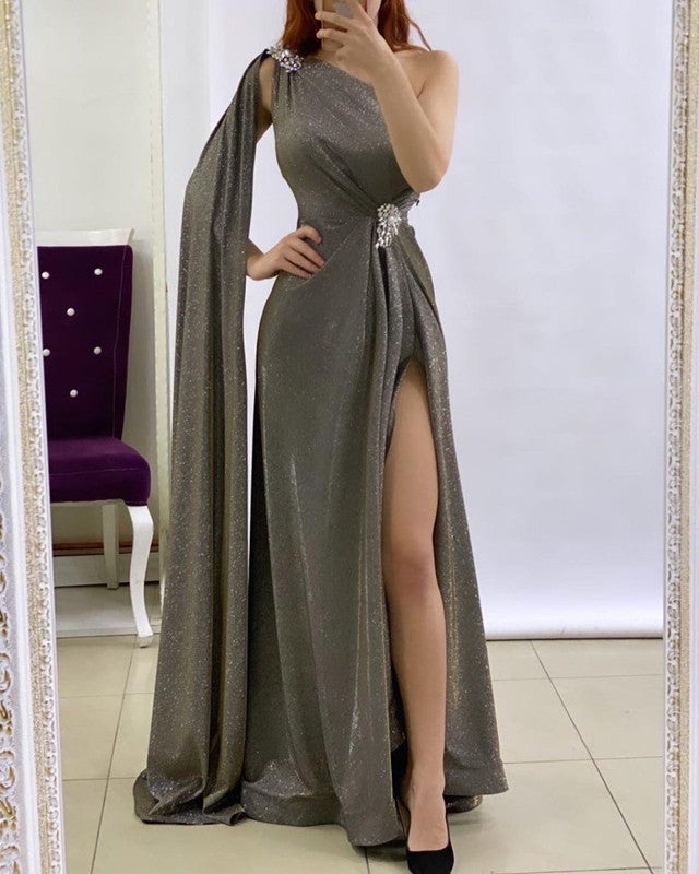 Glitter Mermaid Prom Dresses One Shoulder High Slit