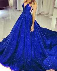 Glitter Prom Dress Plunge V-neck Ball Gown
