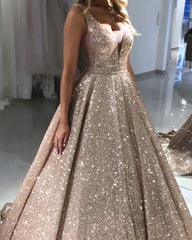 Glitter Prom Dress Plunge V-neck Ball Gown
