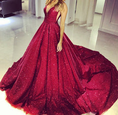 Glitter Prom Dress Plunge V-neck Ball Gown