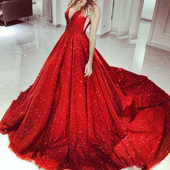 Glitter Prom Dress Plunge V-neck Ball Gown