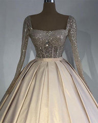 Glitter Sequins Long Sleeves Prom Ball Gown Satin Dresses