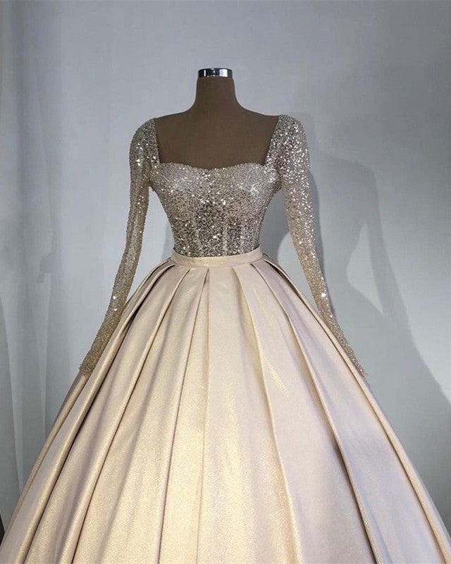 Glitter Sequins Long Sleeves Prom Ball Gown Satin Dresses