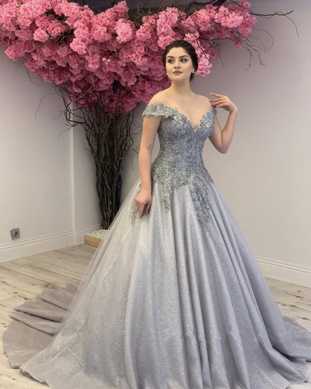 Glitter Tulle Prom Dresses Princess Ball Gown Off Shoulder