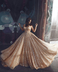 Glitter Tulle Prom Dresses V Neck Spaghetti Straps