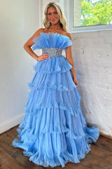 Glitter Blush A-Line Tulle Tiered Long Prom Dress with Ruffles