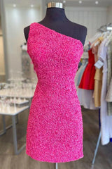 Glitter One-Shoulder Hot Pink Homecoming Dress Short Prom Dress HD0168