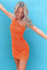 Glitter One Shoulder Hot Pink Tight Short Prom Dress Homecoming Dress HD0167