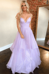 Glitter Purple Tulle Long 20224 Prom Dress Unique V-Neck A-Line Evening Formal Dresses