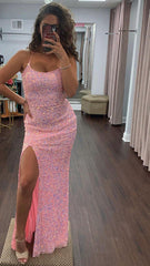 Glitter Royal Blue Sequins Long Prom Evening dress with Slit TP1146