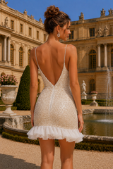 Glitter Spaghetti Straps V-Neck Sequined Ruffles Short Dress