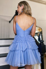 Glitter Tulle Pleating Tiered V-neck A-line Mini Birthday Party Dresses, CP0985