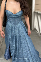 Glitter Tulle Spaghetti Strap Sweetheart A-line High Slit Shiny Prom Dresses, CP1094
