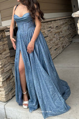 Glitter Tulle Spaghetti Strap Sweetheart A-line High Slit Shiny Prom Dresses, CP1094