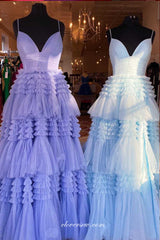 Glitter Tulle Tiered High Slit A-line V-neck Spaghetti Strap Prom Dresses, CP0941
