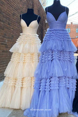 Glitter Tulle Tiered High Slit A-line V-neck Spaghetti Strap Prom Dresses, CP0941