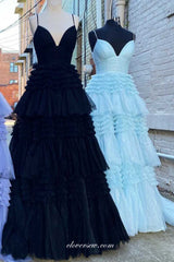 Glitter Tulle Tiered High Slit A-line V-neck Spaghetti Strap Prom Dresses, CP0941