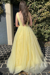 Glitter Yellow A-Line Beaded Long Tulle Prom Formal Dress TP1252