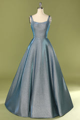 Glitter Blue Open Back Long Prom Dress