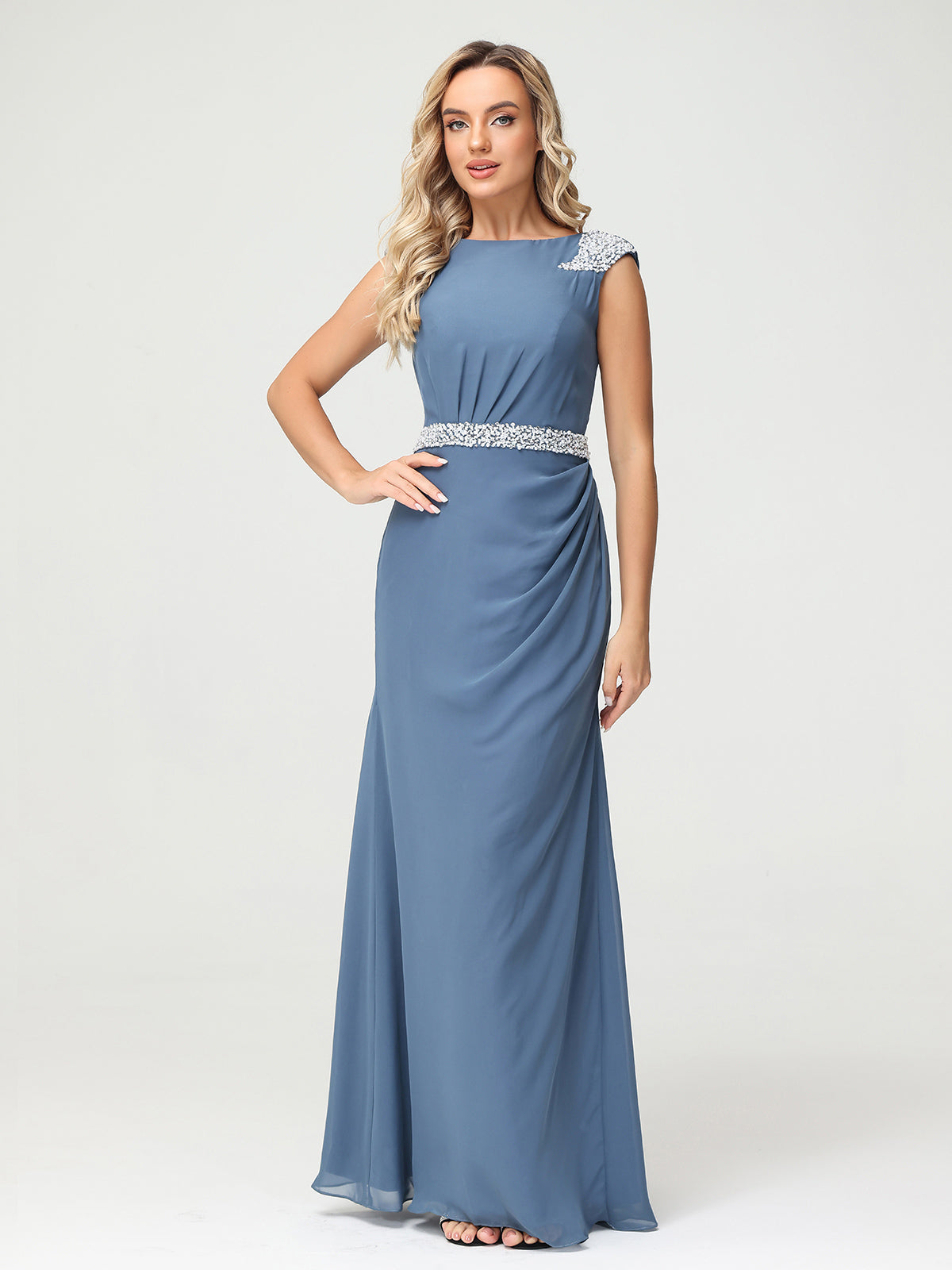 Chiffon Sheath Dress with Beaded Waistband-Slate Blue