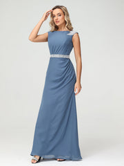 Chiffon Sheath Dress with Beaded Waistband-Slate Blue