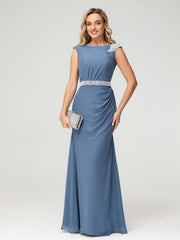 Chiffon Sheath Dress with Beaded Waistband-Slate Blue