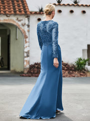 V-Neck Lace Top High Slit Pleated Dress Ink Blue