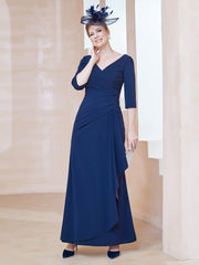 V-neck Half Sleeves Pleated Dress Navy Blue