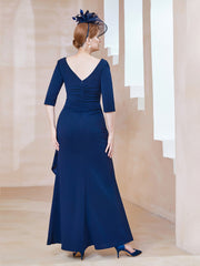 V-neck Half Sleeves Pleated Dress Navy Blue