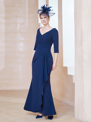V-neck Half Sleeves Pleated Dress Navy Blue