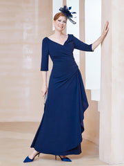 V-neck Half Sleeves Pleated Dress Navy Blue