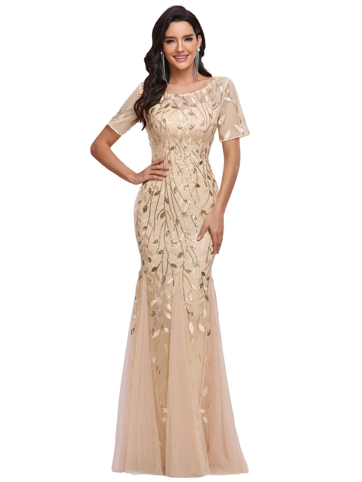 Women's Elegant Illusion Short Sleeve Crew Neck Sequin Embroidery Mermaid Evening Dresses