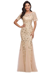 Women's Elegant Illusion Short Sleeve Crew Neck Sequin Embroidery Mermaid Evening Dresses